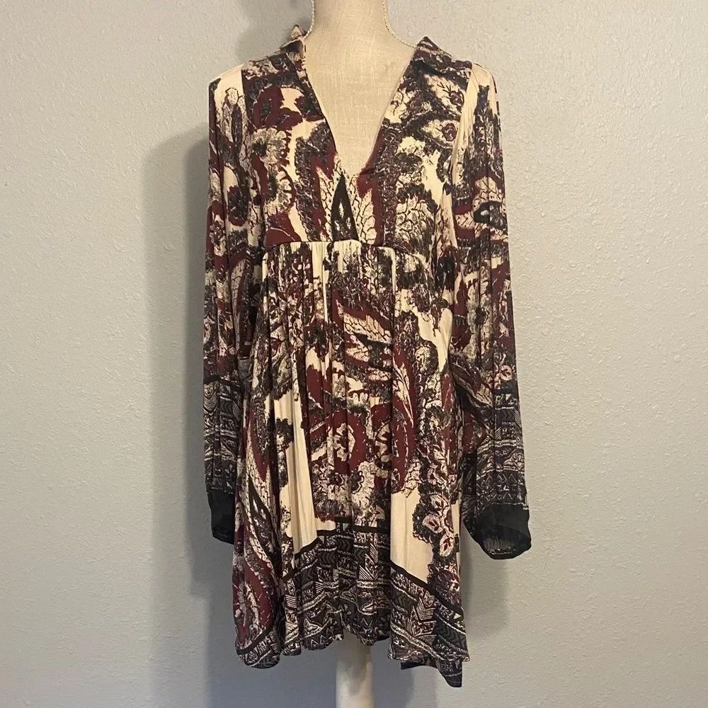Free People Ivory & Burgundy say You Love Me Love Sleeve Paisley Dress Size Med